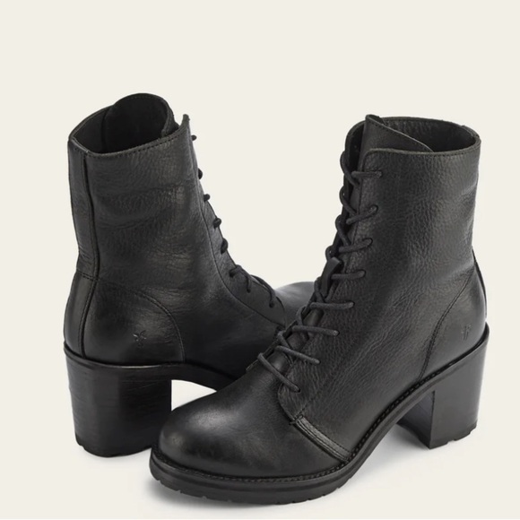 $429 Frye Karen Lace Up Black Real Leather Combat Short Chunky Comfy Ankle Boot - Picture 4 of 16